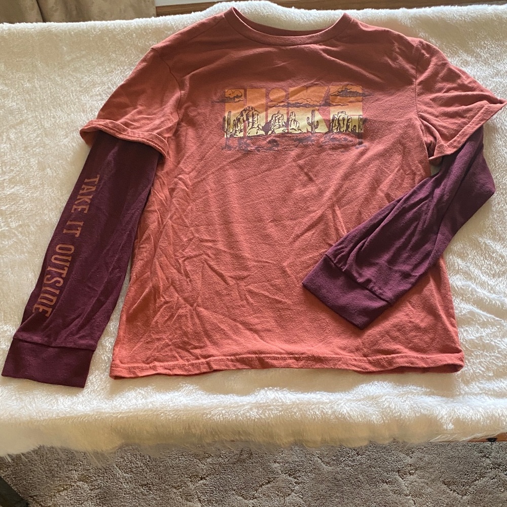 Boys Rust Orange and Maroon Layered Graphic Long Sleeve Tee Sonoma Hike